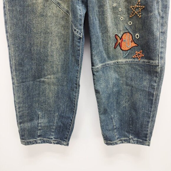 Vintage Denim Embroidered Fish Pattern Elastic Waist Cropped Pants Size S - Picture 4 of 8